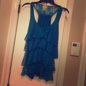 Teal colored lace ruffle top